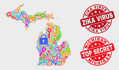 Firewall Michigan State map and seals. Red rounded Top Secret and Zika Virus textured seals. Colored Michigan State map mosaic of different guard items. Vector collage for safety purposes.