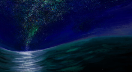 Fantastic illustration planet and MilkyWay, stars the sea and looking at the space landscape. digital Painting