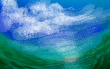 digital drawing watercolor art on canvas. Artistic big print. Original modern painting. Acrylic dry brush background.Bright summer landscape. Wonderful warm tropical view. Azure water. Blue sky.
