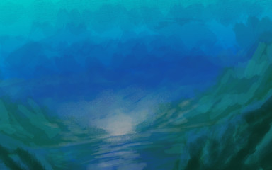Fototapeta na wymiar landscape background sea hills and blue sky wallpaper digital painting