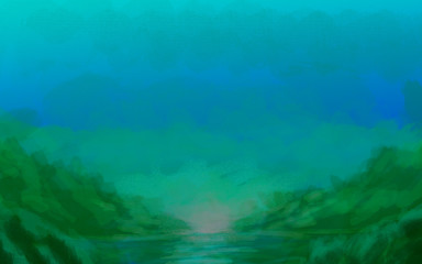 Fototapeta na wymiar landscape digital painting background light sea hills and blue sky wallpaper ocean