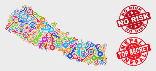 Passkey Nepal map and seal stamps. Red rounded Top Secret and No Risk textured seal stamps. Bright Nepal map mosaic of different protection icons. Vector collage for safety purposes.