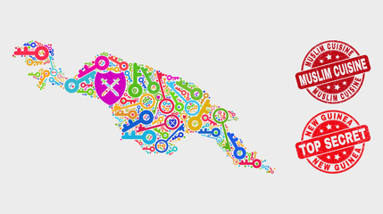 Firewall New Guinea map and seal stamps. Red round Top Secret and Muslim Cuisine grunge seal stamps. Colorful New Guinea map mosaic of different guard icons. Vector combination for safety purposes.