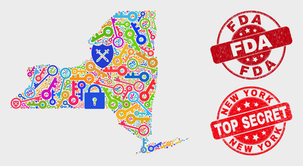 Guard New York State map and seal stamps. Red round Top Secret and FDA textured seal stamps. Bright New York State map mosaic of different access items. Vector composition for security purposes.