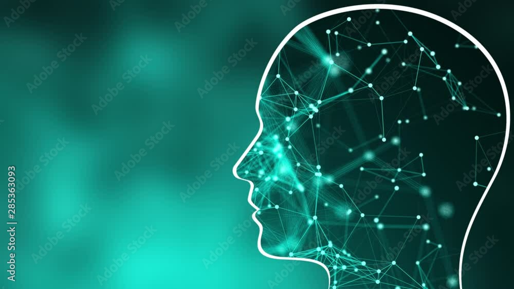 Poster grid of thin straight lines connected by dots inside the head profile on a green, computer generated