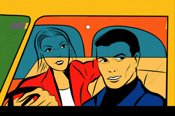 pop art couple femme et homme dans une voiture qui regarde,surveillant - 285363018
