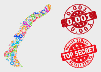 Safeguard Novaya Zemlya Islands map and stamps. Red rounded Top Secret and 0.001 scratched stamps. Colored Novaya Zemlya Islands map mosaic of different access icons.