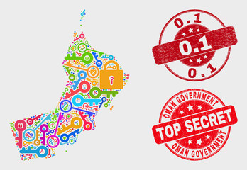Key Oman map and stamps. Red round Top Secret and 0.1 grunge seal stamps. Colorful Oman map mosaic of different keeper items. Vector composition for keeping purposes.
