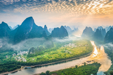 Landscape of Guilin. Li River and Karst mountains in the morning. Located near Xingping, Yangshuo,...