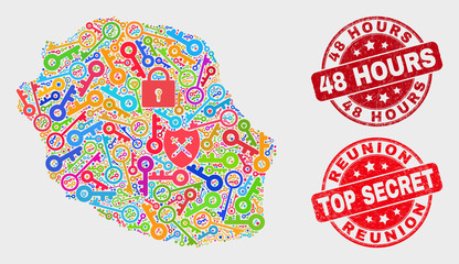 Secure Reunion Island map and seal stamps. Red round Top Secret and 48 Hours scratched seal stamps. Colored Reunion Island map mosaic of different safety symbols.