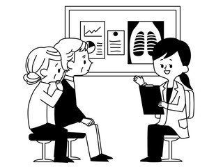 診察-シニア女性・男性-医者-白黒