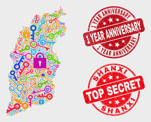 Secure Shanxi Province map and seal stamps. Red round Top Secret and 1 Year Anniversary grunge seal stamps. Bright Shanxi Province map mosaic of different passkey items.