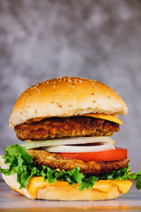 Hamburger with double meat, tomato, cheese, onion.