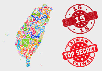 Naklejka premium Privacy Taiwan map and seal stamps. Red round Top Secret and 15 textured seal stamps. Bright Taiwan map mosaic of different keeper elements. Vector combination for keeping purposes.