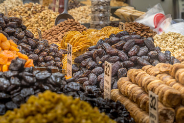 Dried and fresh dates, dried plum at a Middle Eastern market