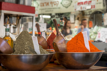 Middle Eastern spices, sweet paprika, zaatar at a Jerusalem market 