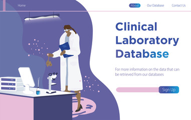 Clinical laboratory database concept with female researcher doing research and study. Landing modern page template vector illustration - Vector  
