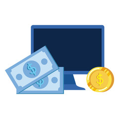 desktop computer with bills and coins