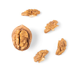 Walnuts isolated on white background. Top view