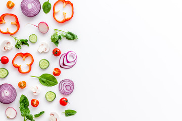 Layout of colorful vegetables on white background top view mock up