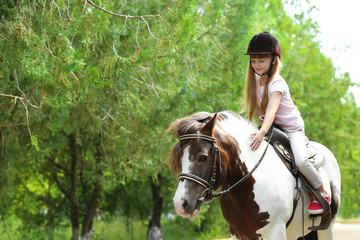 Cute little girl riding pony in green park