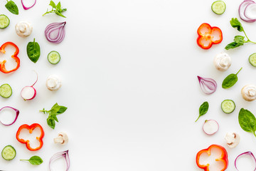 Fototapeta na wymiar Frame of colorful vegetables on white background top view mock up