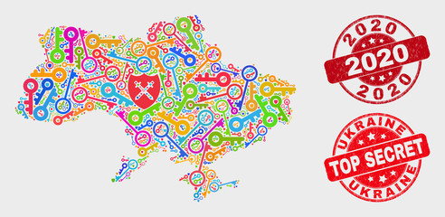 Guard Ukraine map and seal stamps. Red round Top Secret and 2020 distress seal stamps. Colored Ukraine map mosaic of different registration elements. Vector combination for security purposes.