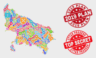 Guard Uttar Pradesh State map and watermarks. Red round Top Secret and 2019 Plan grunge watermarks. Colored Uttar Pradesh State map mosaic of different safeguard symbols.