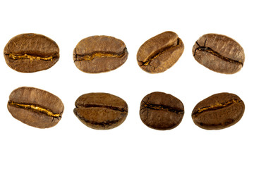 Set of roasted cooffee beans isolated white background.