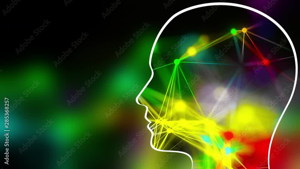Poster grid of thin straight lines connected by dots inside the head profile on a green, computer generated