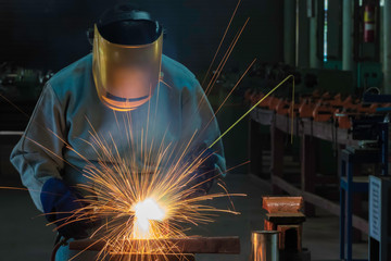 Metal industry welders in industrial plants Standard protective equipment, gloves and masks.