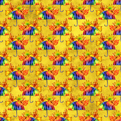 Fototapeta na wymiar Watercolor seamless pattern with rainbow umbrellas. Digital clipart for printing
