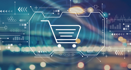 Online shopping theme with blurred city abstract lights background