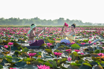 Asian Men are collecting red lotus flowers for Asian women to worship. The culture of the Thai people..