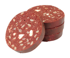 Traditional English Lancashire black pudding sausage  slices isolated on a white background