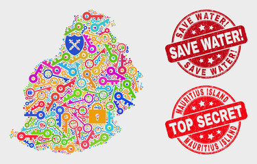 Security Mauritius Island map and seal stamps. Red rounded Top Secret and Save Water! distress seal stamps. Bright Mauritius Island map mosaic of different passkey symbols.