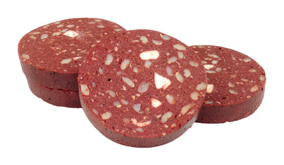 Traditional English Lancashire black pudding sausage  slices isolated on a white background