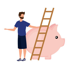young man with piggy savings and stair
