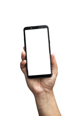 Man hand holding the phone with a white screen isolated white background with clipping path.