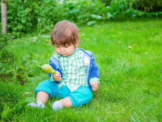 Baby and nutrition concept. Healthy Street Fun for Kids. Kid eats a pear on the grass. natural food