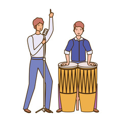 men with musicals instruments on white background