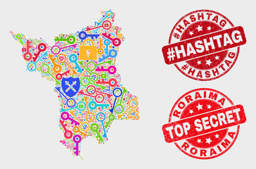 Keep Roraima State map and stamps. Red round Top Secret and #Hashtag distress stamps. Colorful Roraima State map mosaic of different security items. Vector collage for keeping purposes.