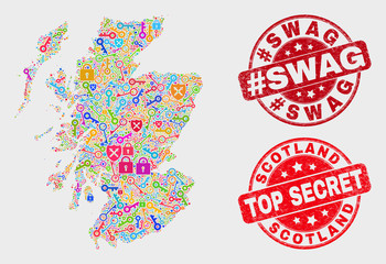 Privacy Scotland map and seals. Red round Top Secret and #Swag textured stamps. Colored Scotland map mosaic of different privacy symbols. Vector combination for safety purposes.