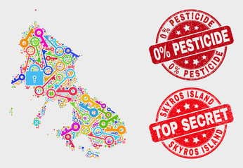 Privacy Skyros Island map and seal stamps. Red round Top Secret and 0% Pesticide scratched seal stamps. Colored Skyros Island map mosaic of different keeper items.