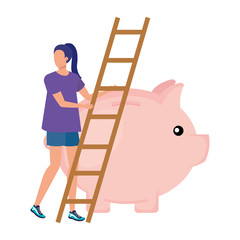young woman with piggy savings and stairs