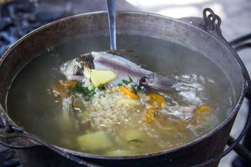 cauldron with an ear at the stake. Fish, potatoes, carrots in a spoon.Ear.Fresh-soup