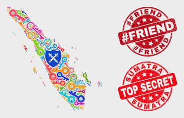 Secure Sumatra map and watermarks. Red rounded Top Secret and #Friend scratched watermarks. Colored Sumatra map mosaic of different secure items. Vector combination for safety purposes.