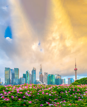 The Morning Of Lujiazui In Shanghai, China, With The Prospect Of Flower Beds