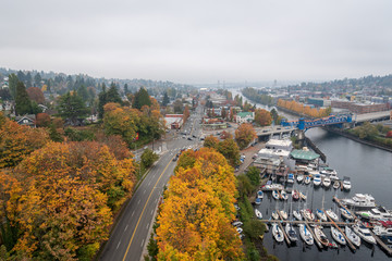 Aerial view of Seattle landscape during fall