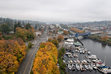 Aerial view of Seattle landscape during fall